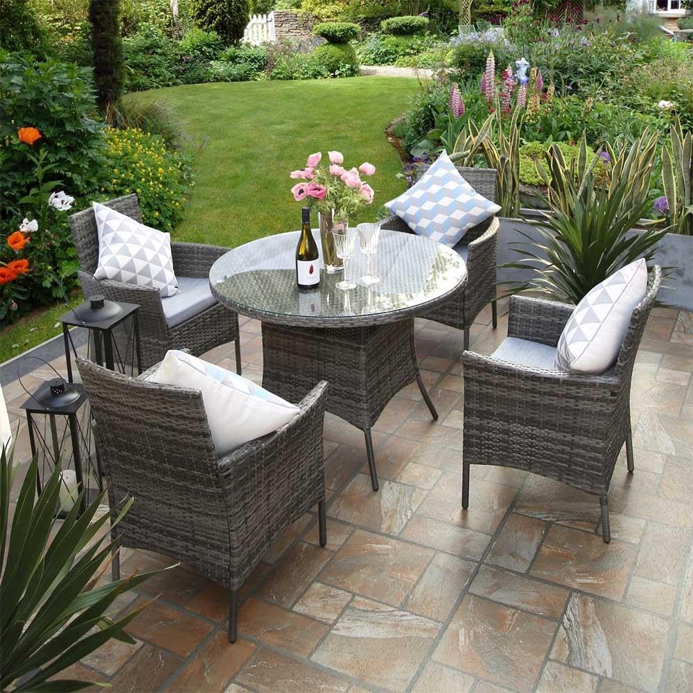 RayGar 5pcs Rattan Dining Set Garden Patio Furniture - 4 Chairs and Round Table - Grey-Spaceano
