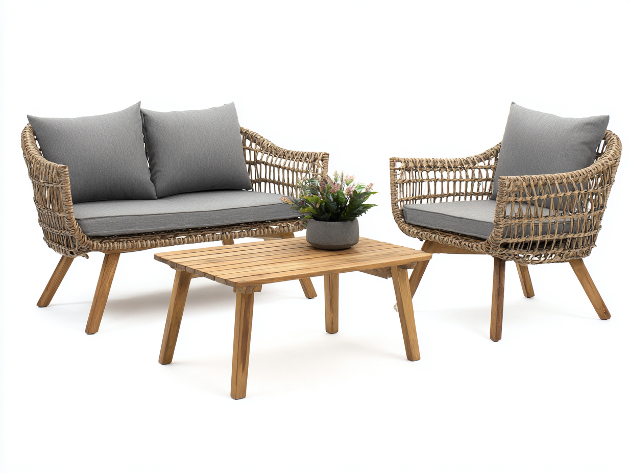 Garden Furniture Set two-seater sofa and armchair with coffee table 100x55x40 cm - natural/grey - outdoor lounge set-Spaceano