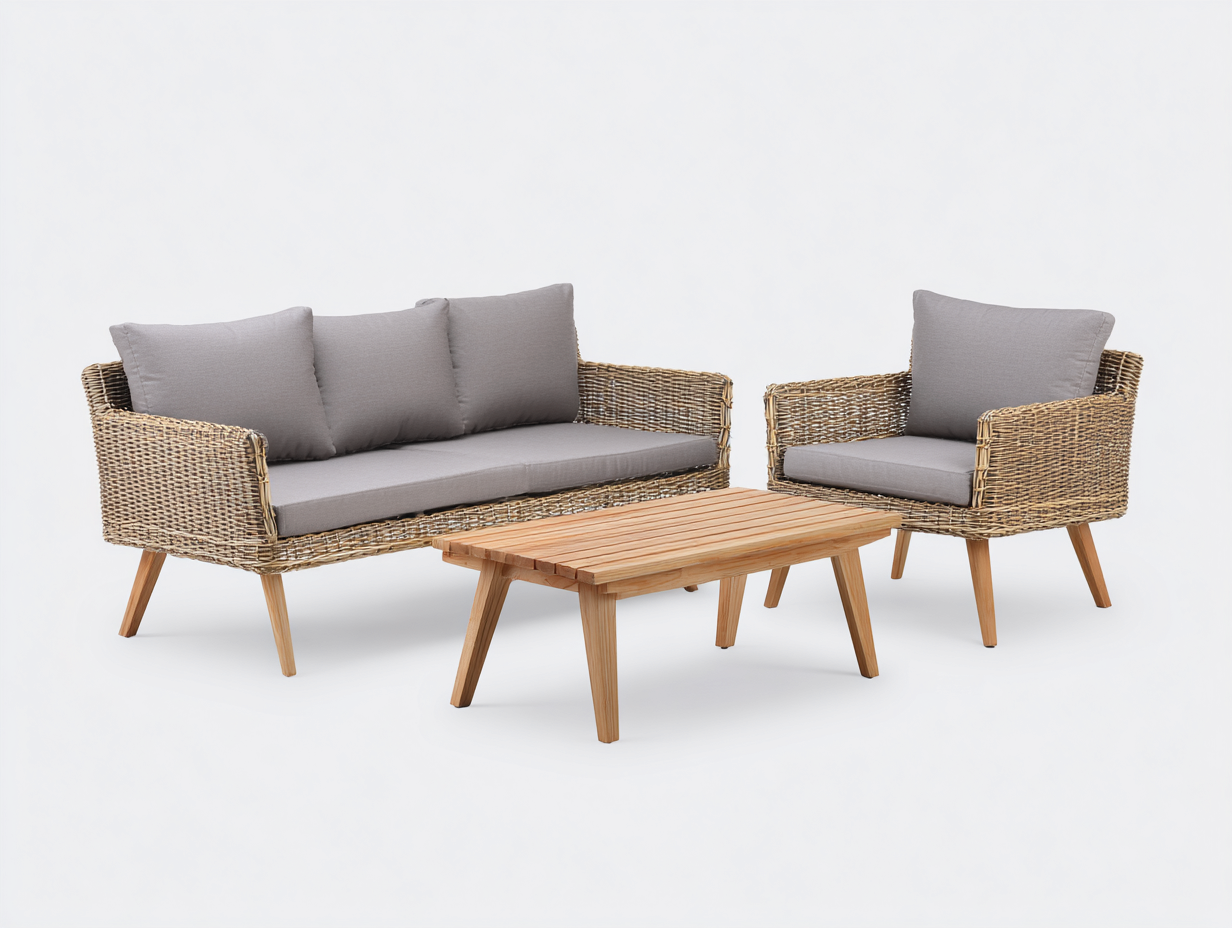 Garden Furniture Set two-seater sofa and armchair with coffee table 95x50x38 cm - natural/grey - outdoor modern set-Spaceano