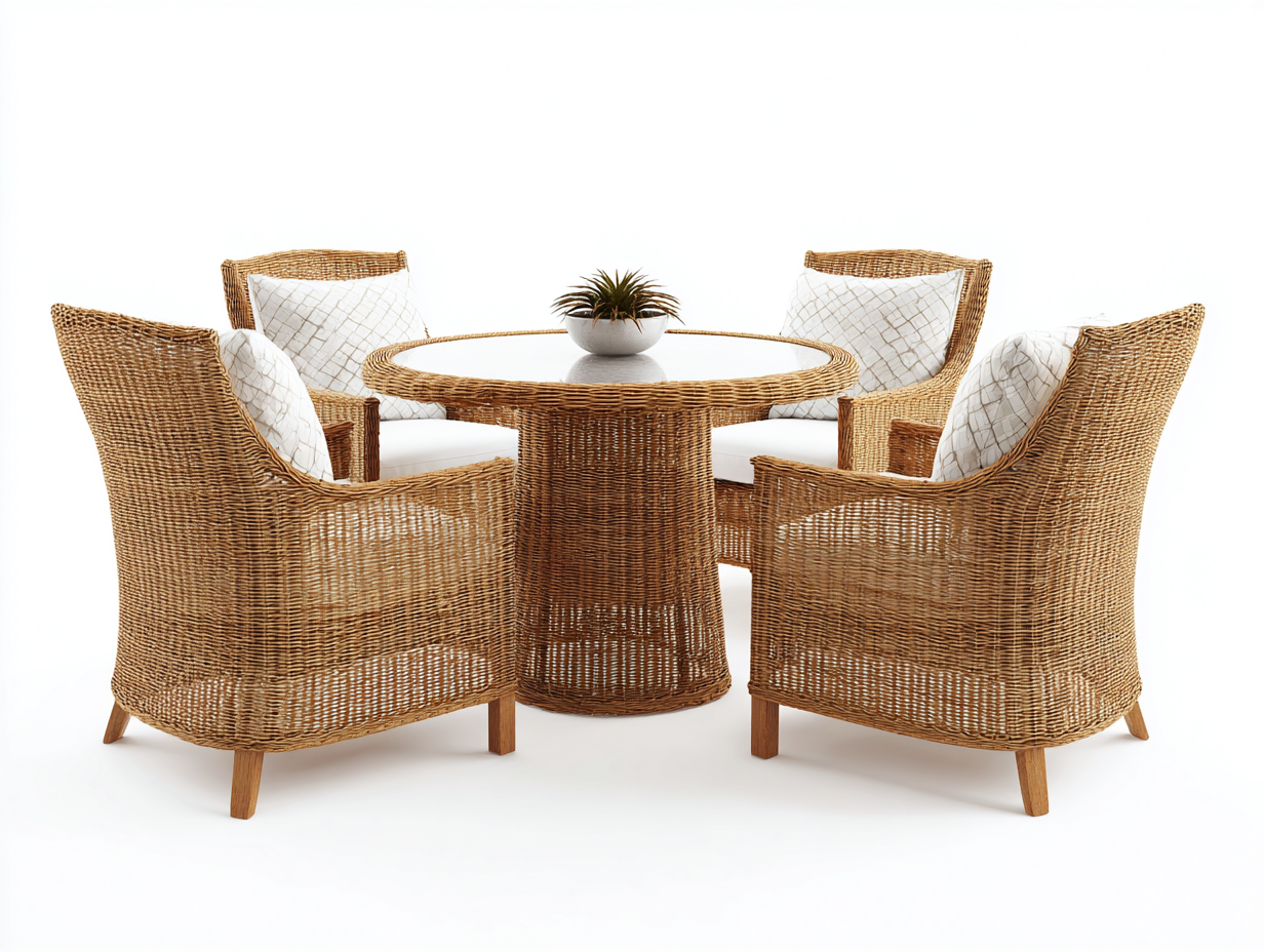 Garden Furniture Set four rattan dining chairs with round table 110x110x75 cm - natural - outdoor dining set-Spaceano