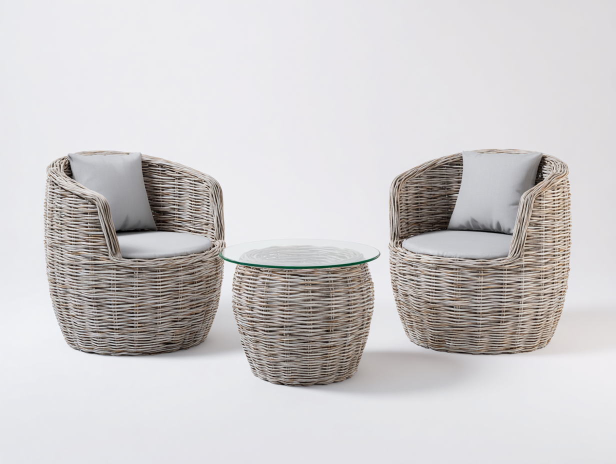 Garden Furniture Set two wicker armchairs with round glass-top table 55x55x42 cm - grey - outdoor compact lounge-Spaceano