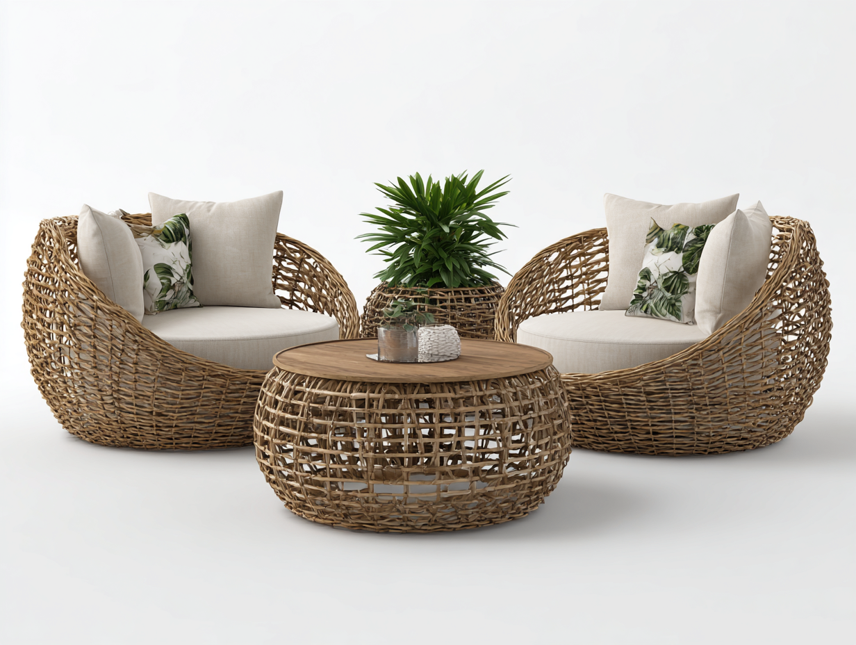 Garden Furniture Set two loveseats with round coffee table 78x78x35 cm - natural/beige - outdoor conversation set-Spaceano