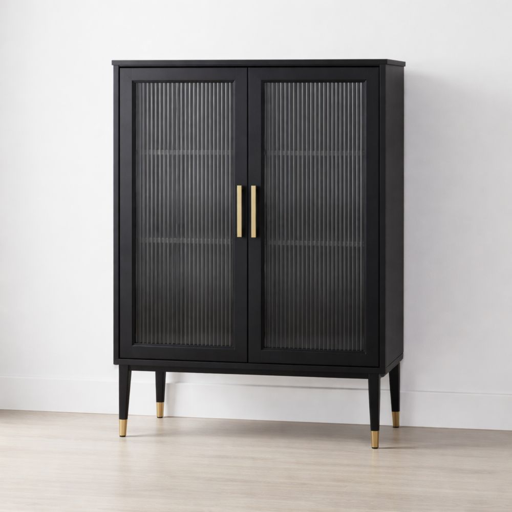 Black Wood Cabinet with Fluted Glass Doors and Gold Handles