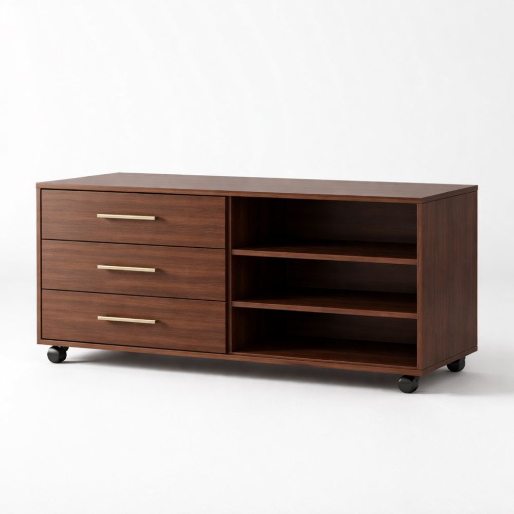 Walnut Wood Mobile Storage Cabinet with 3 Drawers and 3 Shelves