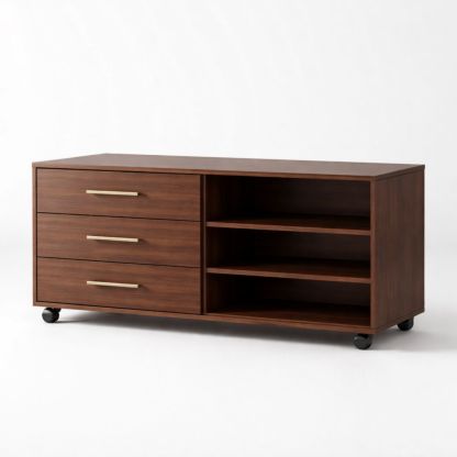 Walnut Wood Mobile Storage Cabinet with 3 Drawers and 3 Shelves