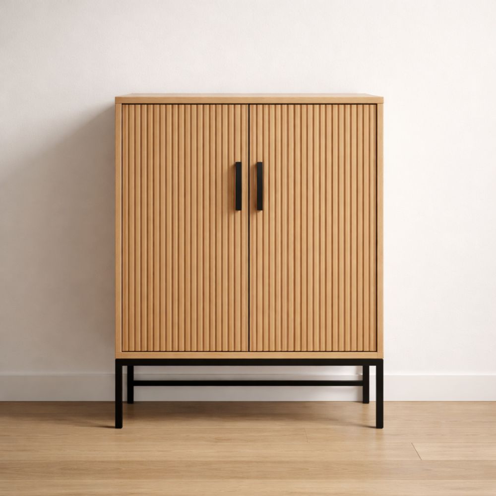 Wooden Cabinet with Metal Legs 2-Door Storage Cabinet Oak Finish