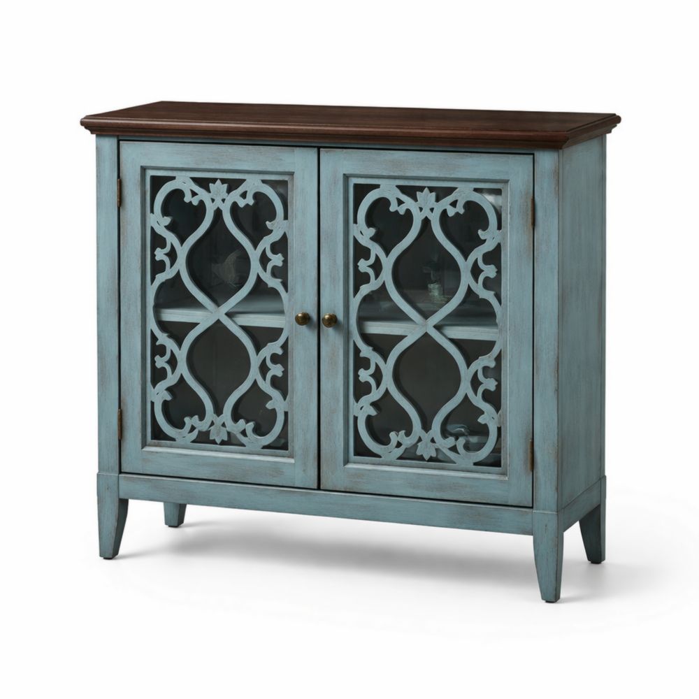 Wooden Cabinet with Glass Doors Blue/Brown 90 cm