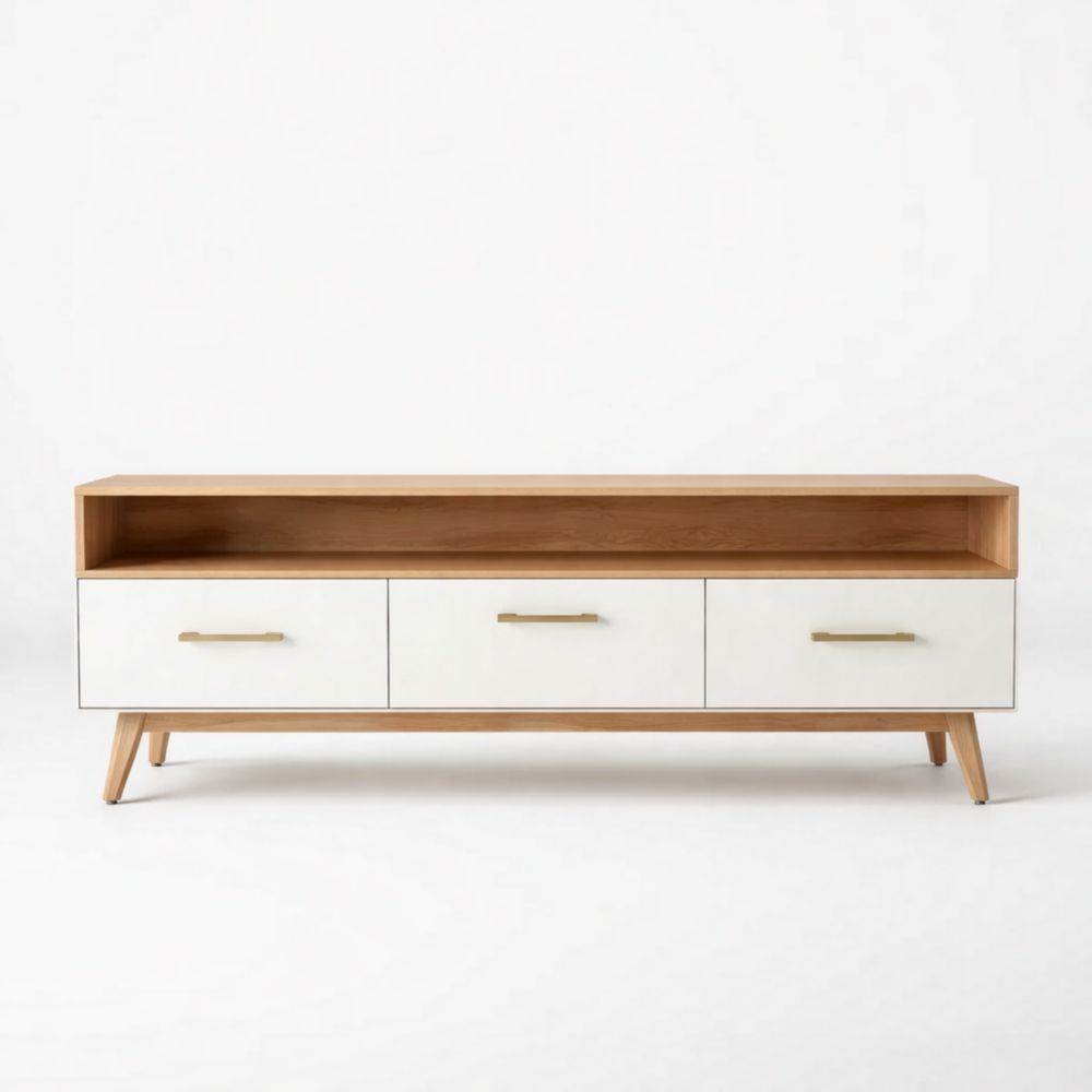 Wooden TV Stand with Drawers and Open Shelf 150cm Wide White/Natural