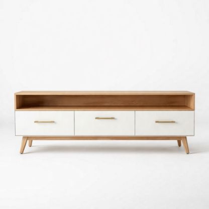 Wooden TV Stand with Drawers and Open Shelf 150cm Wide White/Natural
