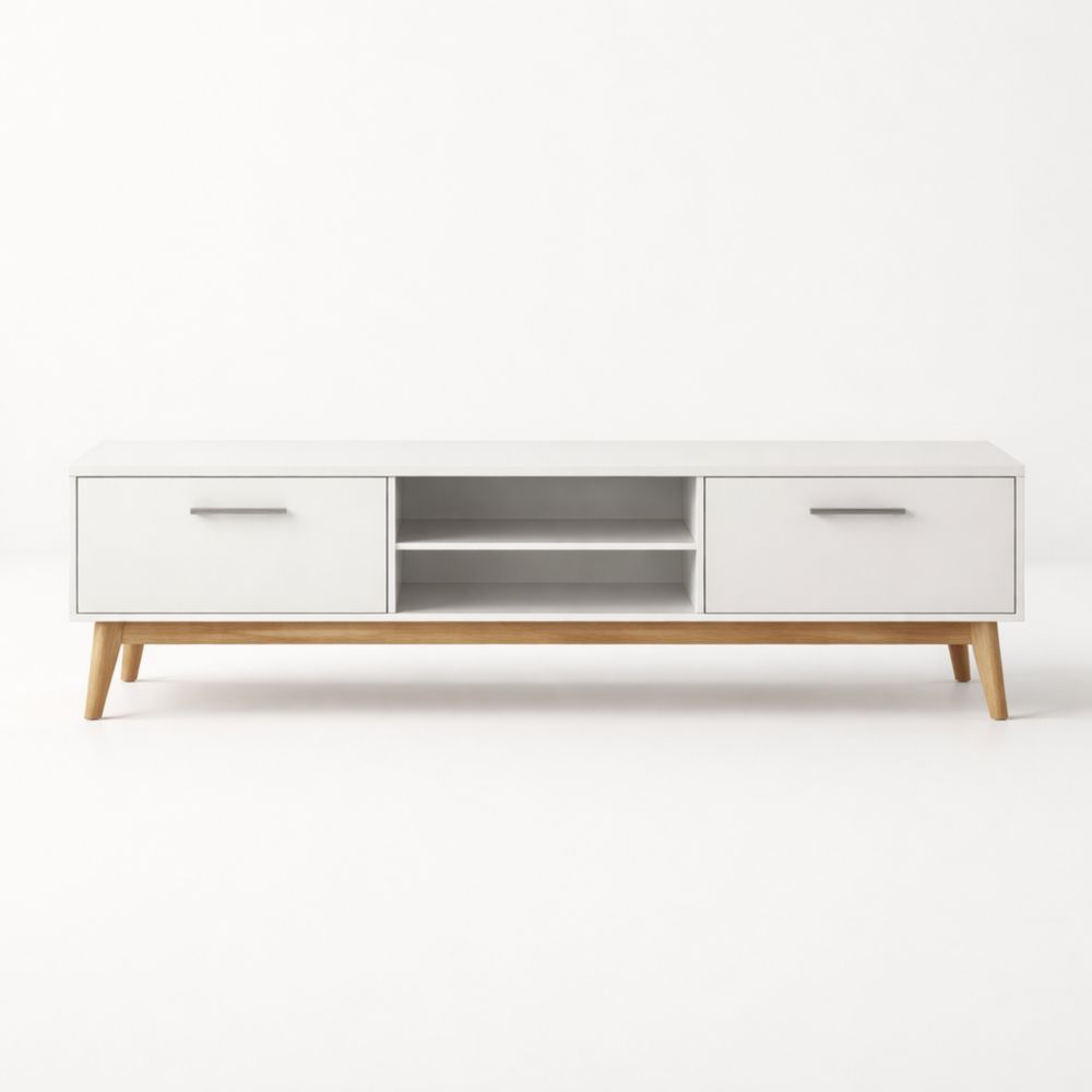 White MDF TV Stand with Shelves and Wooden Legs