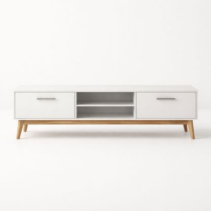 White MDF TV Stand with Shelves and Wooden Legs