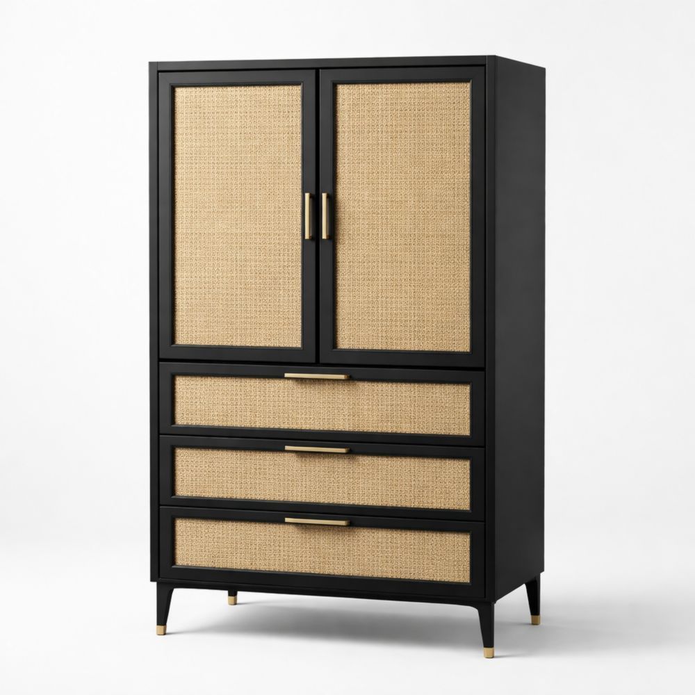 Wood and Rattan Tall Storage Cabinet with Drawers Black