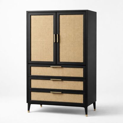 Wood and Rattan Tall Storage Cabinet with Drawers Black