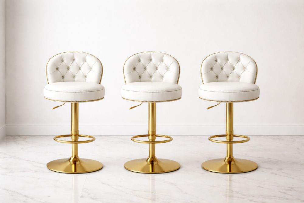 Set of 3 Adjustable Swivel White Faux Leather Tufted Bar Stools with Gold Metal Base