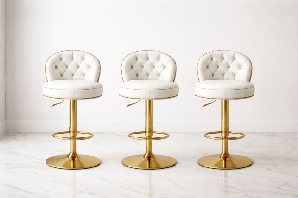 Set of 3 Adjustable Swivel White Faux Leather Tufted Bar Stools with Gold Metal Base