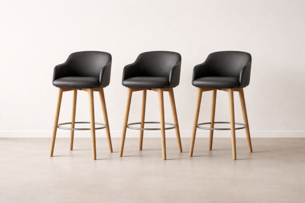 Set of 3 Black PU Leather Bar Stools with Solid Wood Legs and Metal Footrest