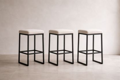 Set of 3 Bar Stools with Black Metal Frame and Beige Upholstered Seat