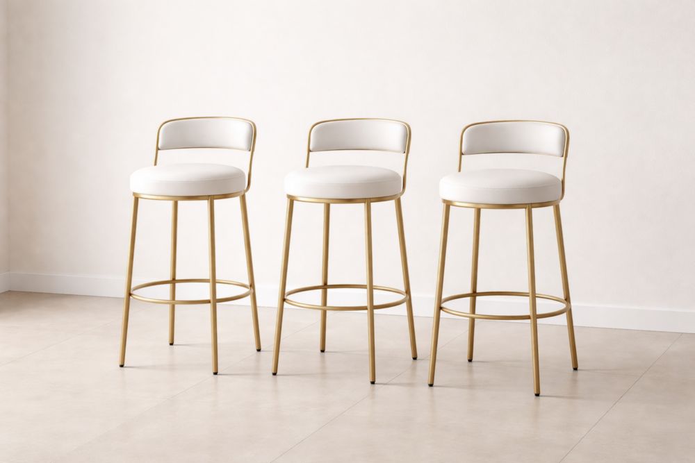 Set of 3 White Bar Stools with Gold Metal Frame
