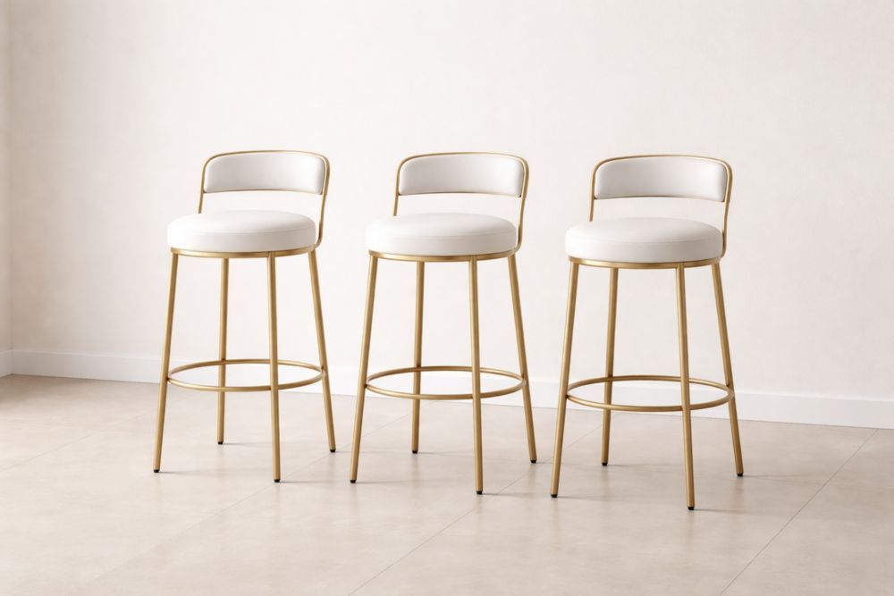 Set of 3 White Bar Stools with Gold Metal Frame