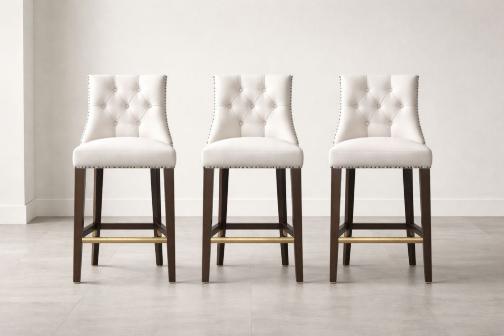 Set of 3 Tufted Back Bar Stools with White Polyester Upholstery and Dark Wood Legs