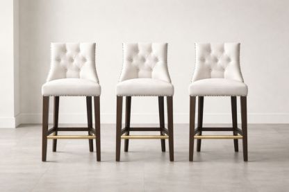 Set of 3 Tufted Back Bar Stools with White Polyester Upholstery and Dark Wood Legs