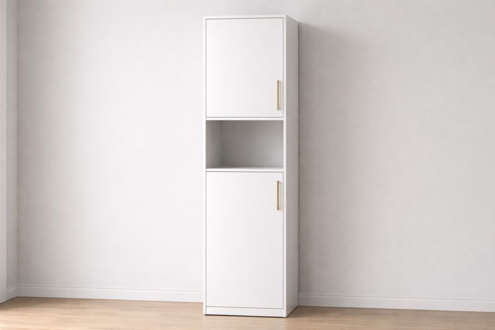 Tall White MDF Storage Cabinet with Dual Doors and Open Shelf