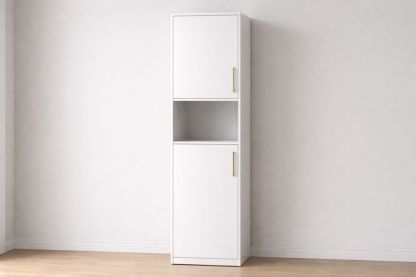 Tall White MDF Storage Cabinet with Dual Doors and Open Shelf