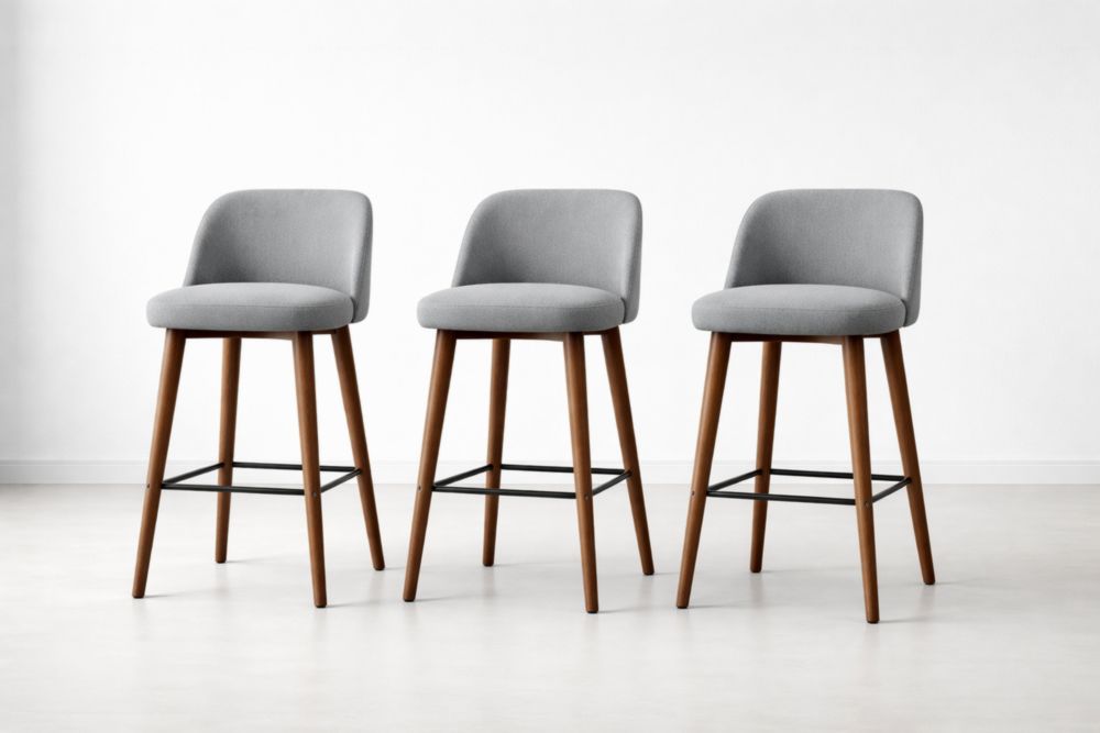 Set of 3 Gray Fabric Upholstered Bar Stools with Wood Frame