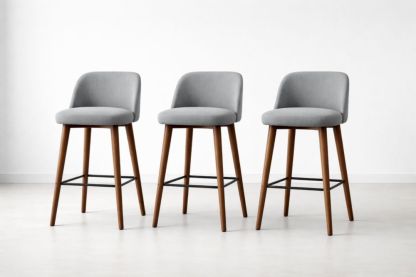 Set of 3 Gray Fabric Upholstered Bar Stools with Wood Frame