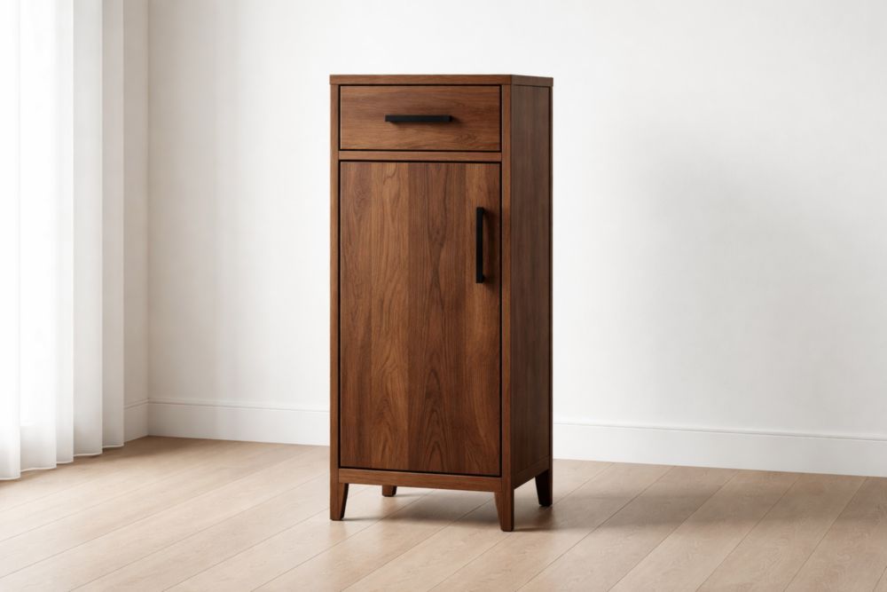 Wooden Tall Storage Cabinet with Drawer and Door Brown