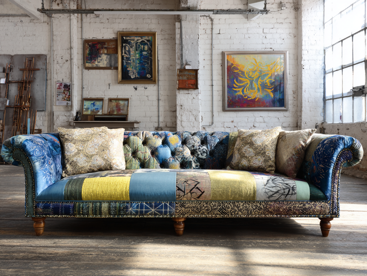 Divano a 3 posti - tessuto-legno - 204x94x78 cm - blu-giallo - stile artistico-Nestleova