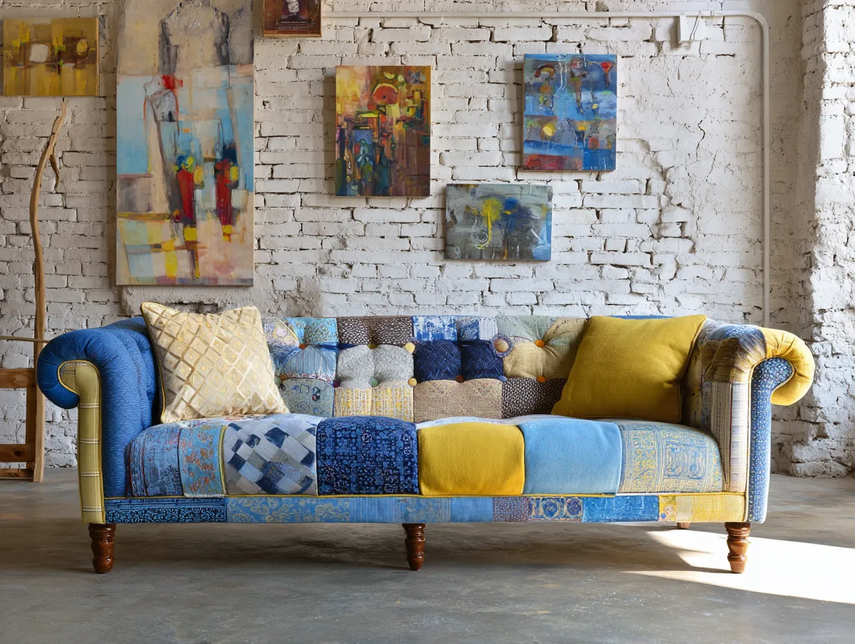 Divano a 3 posti - tessuto-legno - 212x96x80 cm - blu-giallo - stile artistico-Nestleova