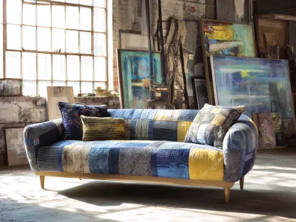 Divano a 3 posti - tessuto-legno - 188x88x78 cm - blu-giallo-bianco - design artistico-Nestleova