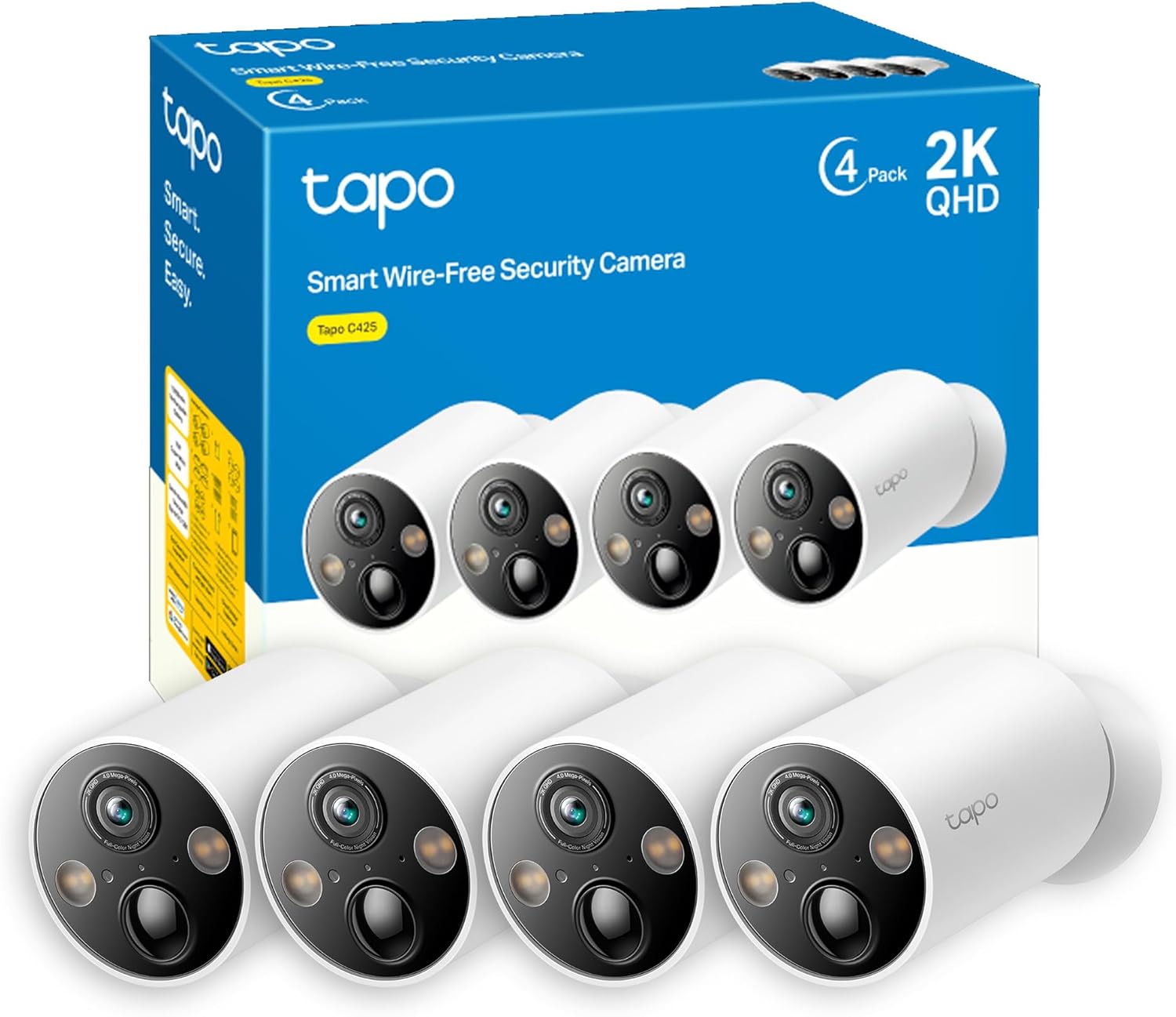 Tapo C425 Telecamera WiFi Esterno Senza Fili 2K 4MP con Base Magnetica, Batteria 300Di, Allarme su Rilevamento Movimento, IP66, Audio Bidirezionale, Visione Notturna a Colori, Nessun Hub Richiesto 4pz-Frameare