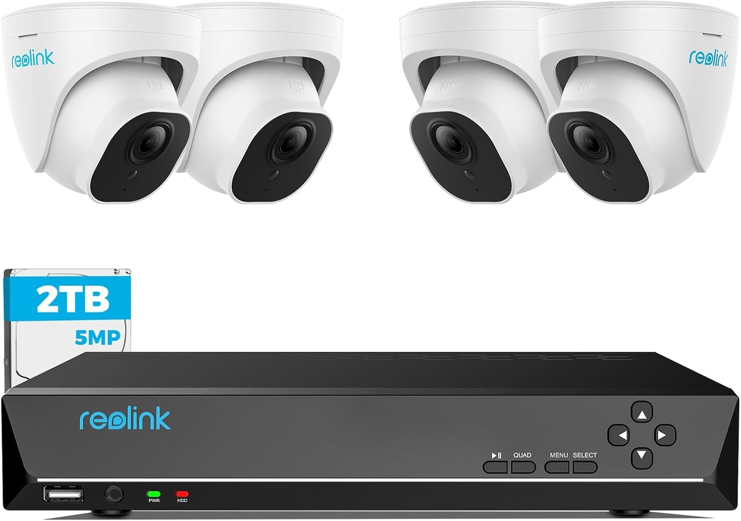 Reolink 5MP Outdoor Surveillance Camera Set, 4 x 5MP PoE IP Dome Camera Surveillance Outdoor and 8CH 2TB HDD NVR for 24 7 Video Surveillance, Person Vehicle Detection, Night Vision, RLK8-520D4-5MP-Frameare