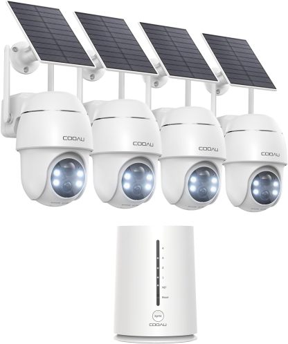 COOAU 4MP Telecamera Wi-Fi Esterno Senza Fili,Kit 4 Cam e Oannello Solare,Sistema di Sicurezza Domestica,360 gradi,Visione Notturna a Colori,Rilevamento di Movimento,Nessun Canone Mensile,IP66,Cloud-Frameare