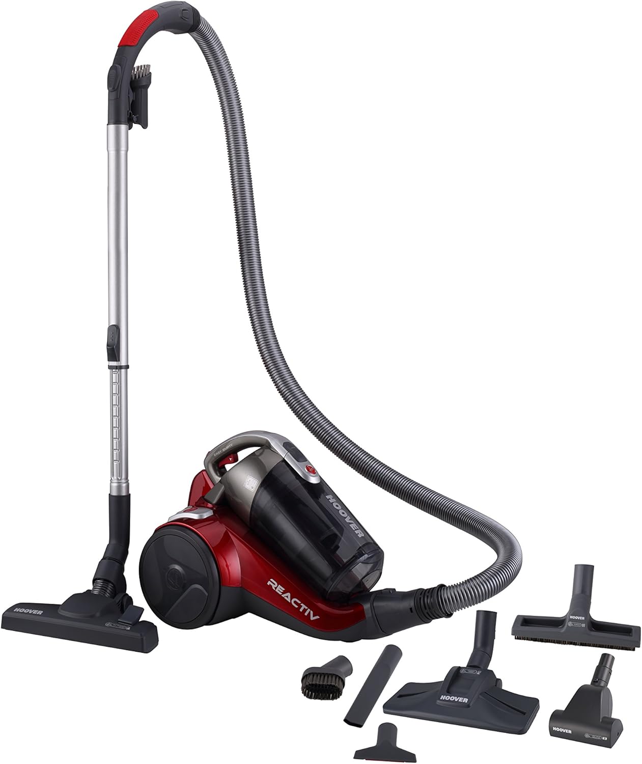 Hoover REACTIV RC81 RC25011 Aspirapolvere a Traino Senza Sacco, 800W, 2 Litri, 75 dBA, Ciclonico, Filtro Epa, Spazzola Parquet, Mini Turbo Spazzola, Rosso-Frameare
