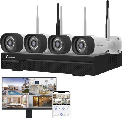 NIVIAN Kit Videosorveglianza WiFi Professionale 2K con 4 Telecamere IP, NVR 10 Canali, Immagini Super HD, IA Rilevamento Umano, Visione Notturna, Audio, HDMI, App EseeCloud, Registrazione 24 7-Frameare