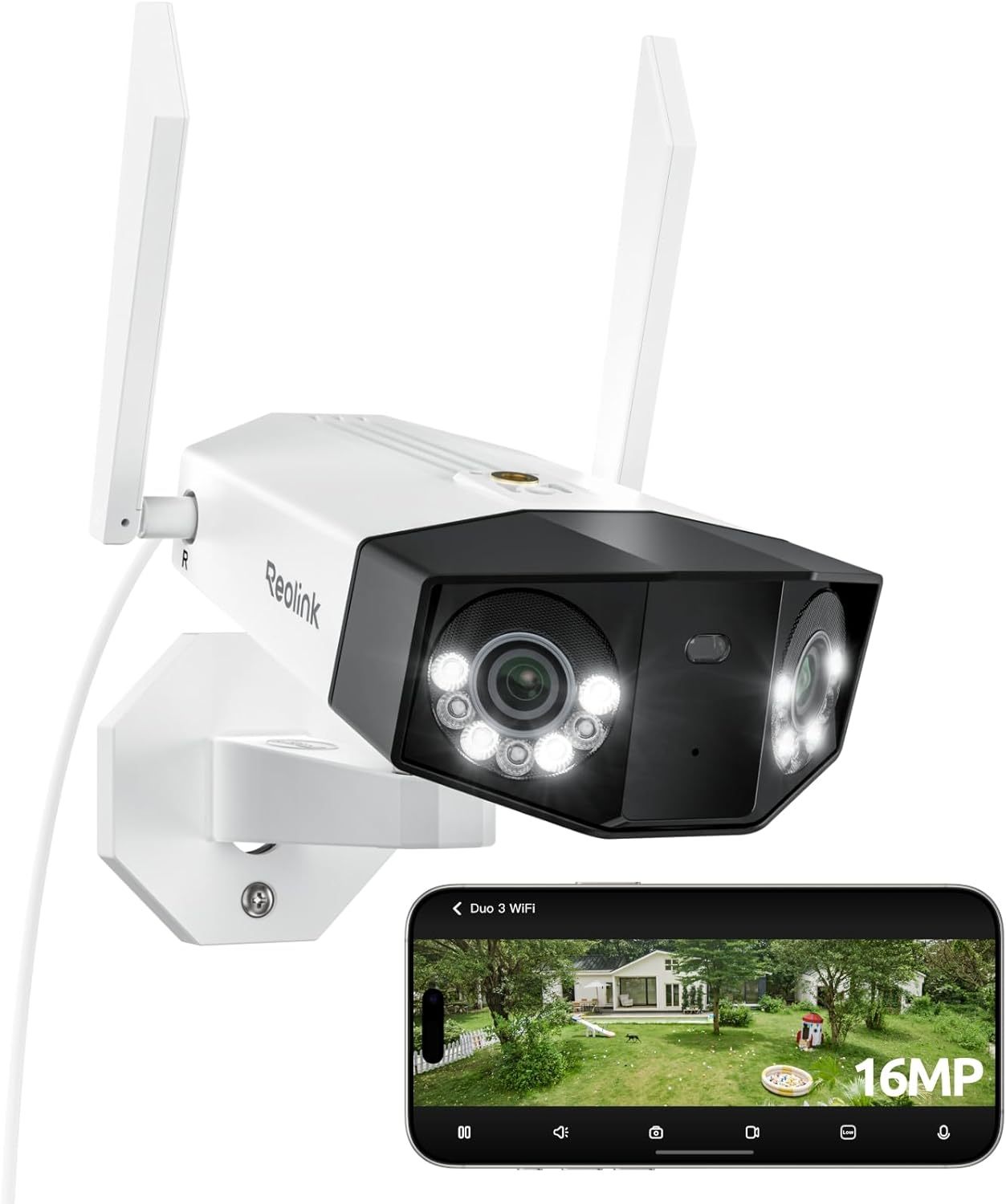 Reolink 16MP Telecamera WiFi Esterno 180 gradi, WiFi 6 Dual-Band 2,4 5GHz, Rilevamento Persona Veicolo Animali Movimento, Visione Notturna con Faretti, Registrazione 24 7, Archiviazione Locale, Duo 3 WiFi-Frameare