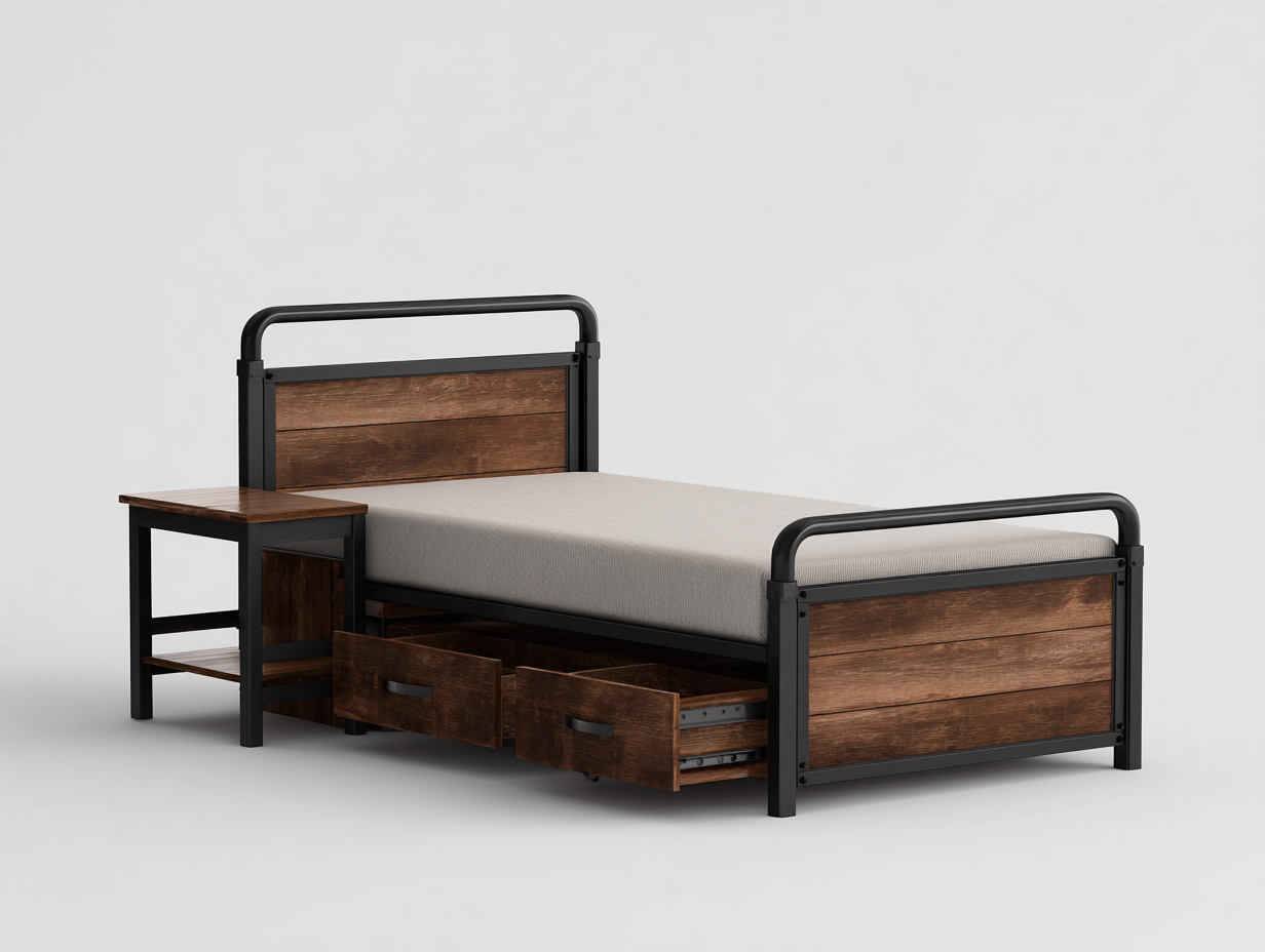 Letto singolo con struttura in metallo e legno 205x100x90 cm - marrone-nero - design funzionale per camera da letto-Frameare