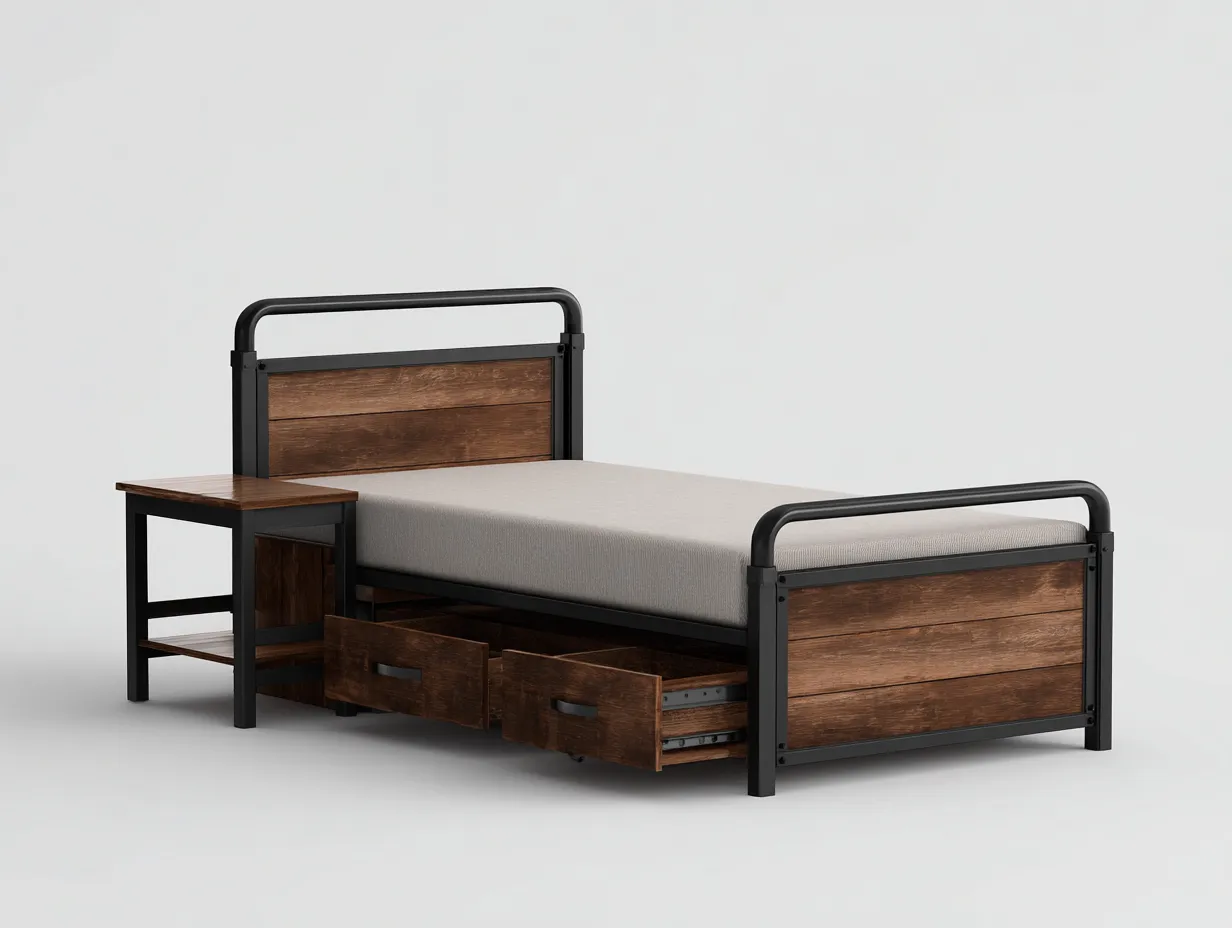 Letto singolo con struttura in metallo e legno 205x100x90 cm - marrone-nero - design funzionale per camera da letto-Frameare