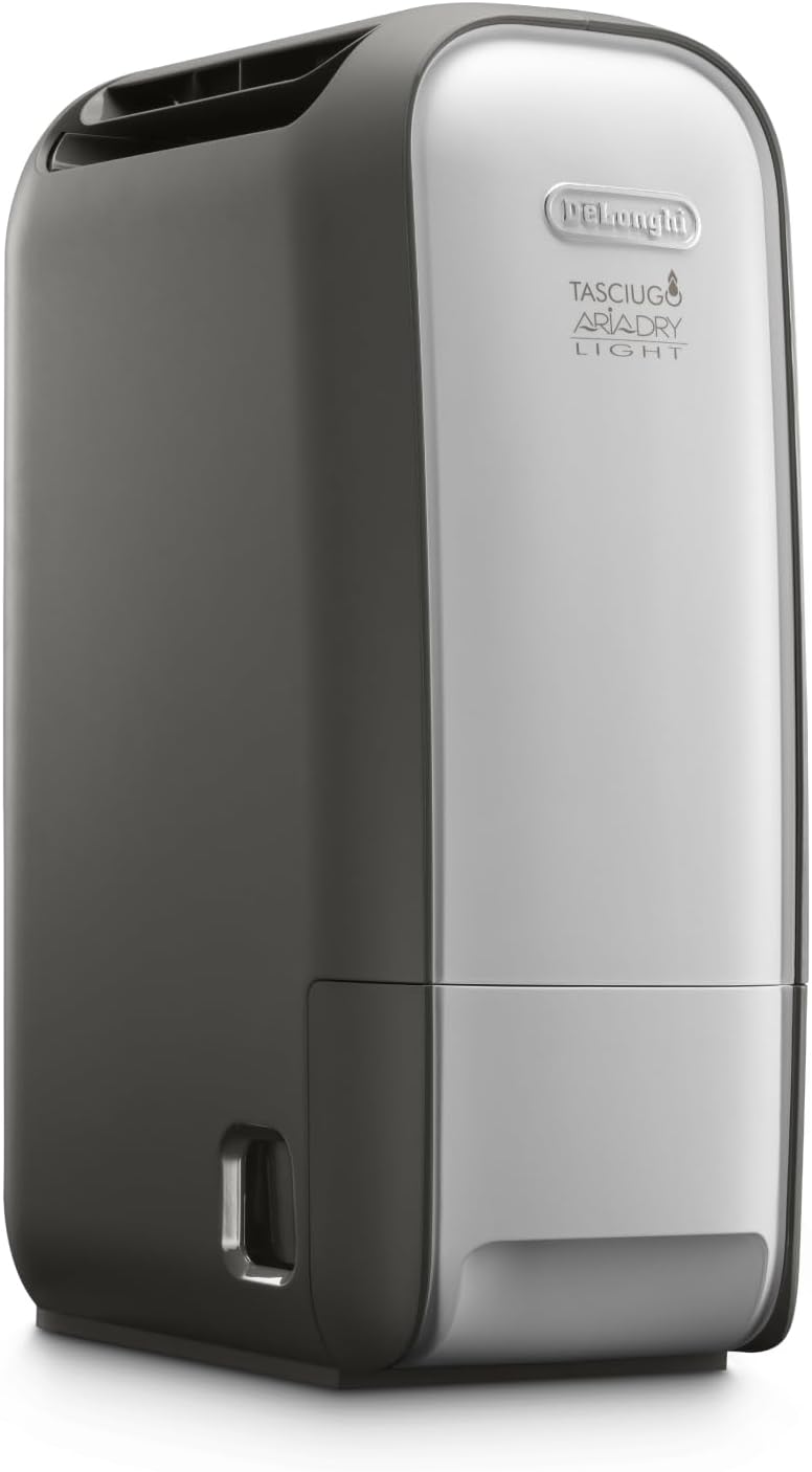 DeLonghi Tasciugo AriaDry Light - Deumidificatore Casa Portatile, Tecnologia Zeolite e Ionizzatore, 7.5L Giorno, Asciugabiancheria, Antimuffa, Silenzioso, Funzione Swing, Timer, Grigio DNS80-Frameare