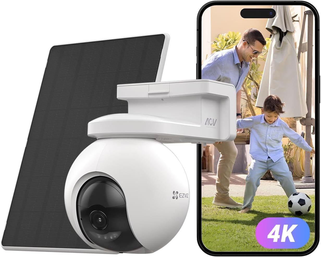 EZVIZ 8MP Telecamera WiFi Senza Fili per Esterni con Pannello Solare da 5W, Rilevamento di Persone Veicoli, Telecamera Solare per Esterni a 360 gradi, Modalita AOV, Difesa Attiva, CB8 Pro 4K Kit-Frameare