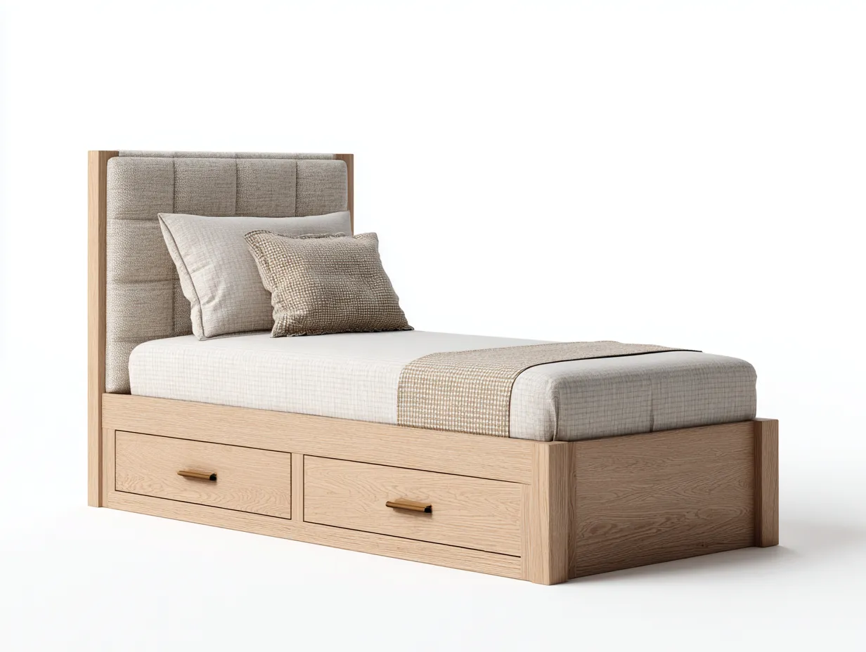 Letto singolo in legno con cassetti e testiera imbottita 200x90x110 cm - legno naturale-beige - design moderno per camera da letto-Frameare