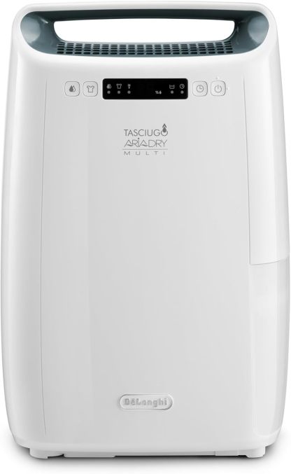 DeLonghi AriaDry DEXD216RF, deumidificatore multiuso elimina lumidita a casa con filtrazione a 3 azioni, funzione di asciugatura, umidificazione 16L giorno, R290, serbatoio acqua rimovibile, bianco-Frameare