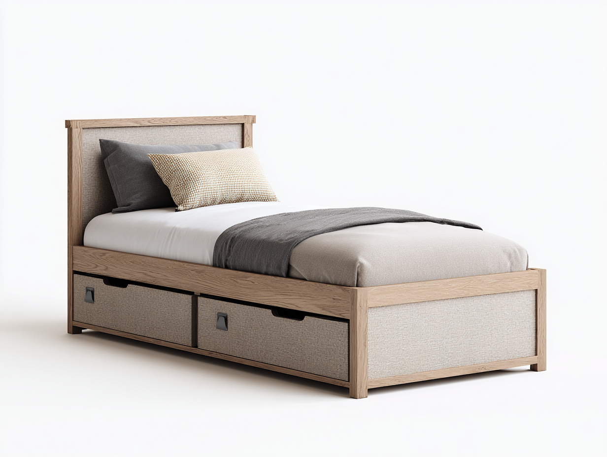 Letto singolo in legno con struttura imbottita e contenitori 200x90x95 cm - beige-marrone - design moderno e funzionale-Frameare