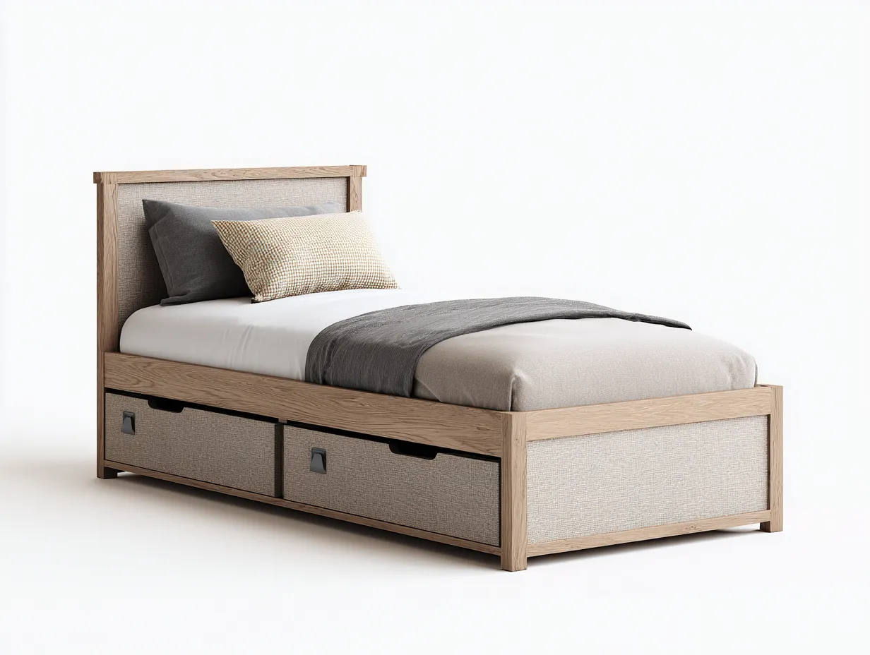 Letto singolo in legno con struttura imbottita e contenitori 200x90x95 cm - beige-marrone - design moderno e funzionale-Frameare