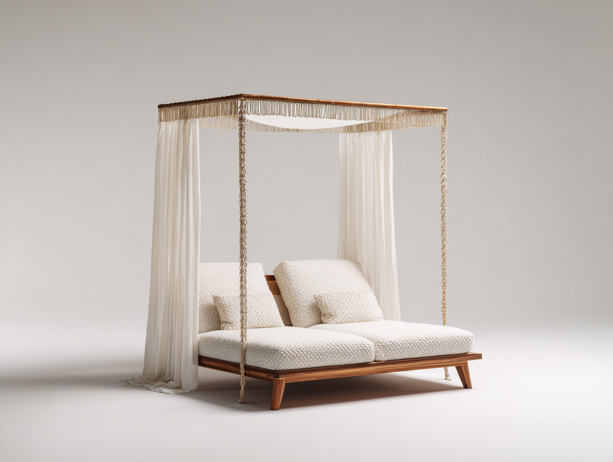 Lettino prendisole con struttura in legno e tenda 200x160x180 cm - bianco-marrone - design elegante per giardino-Frameare