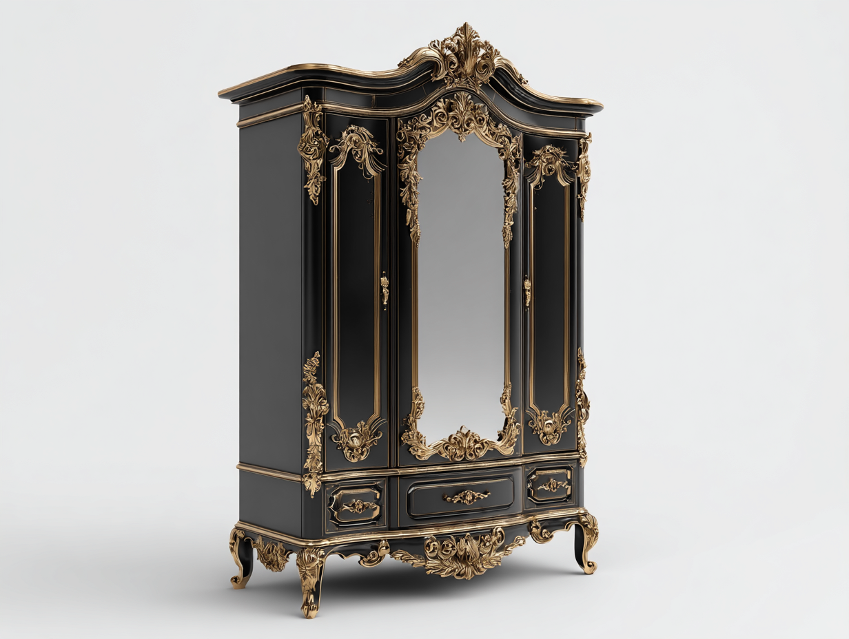Armadio classico in legno con ante e specchio 120x60x210 cm - nero-oro - stile barocco per camera da letto-Frameare