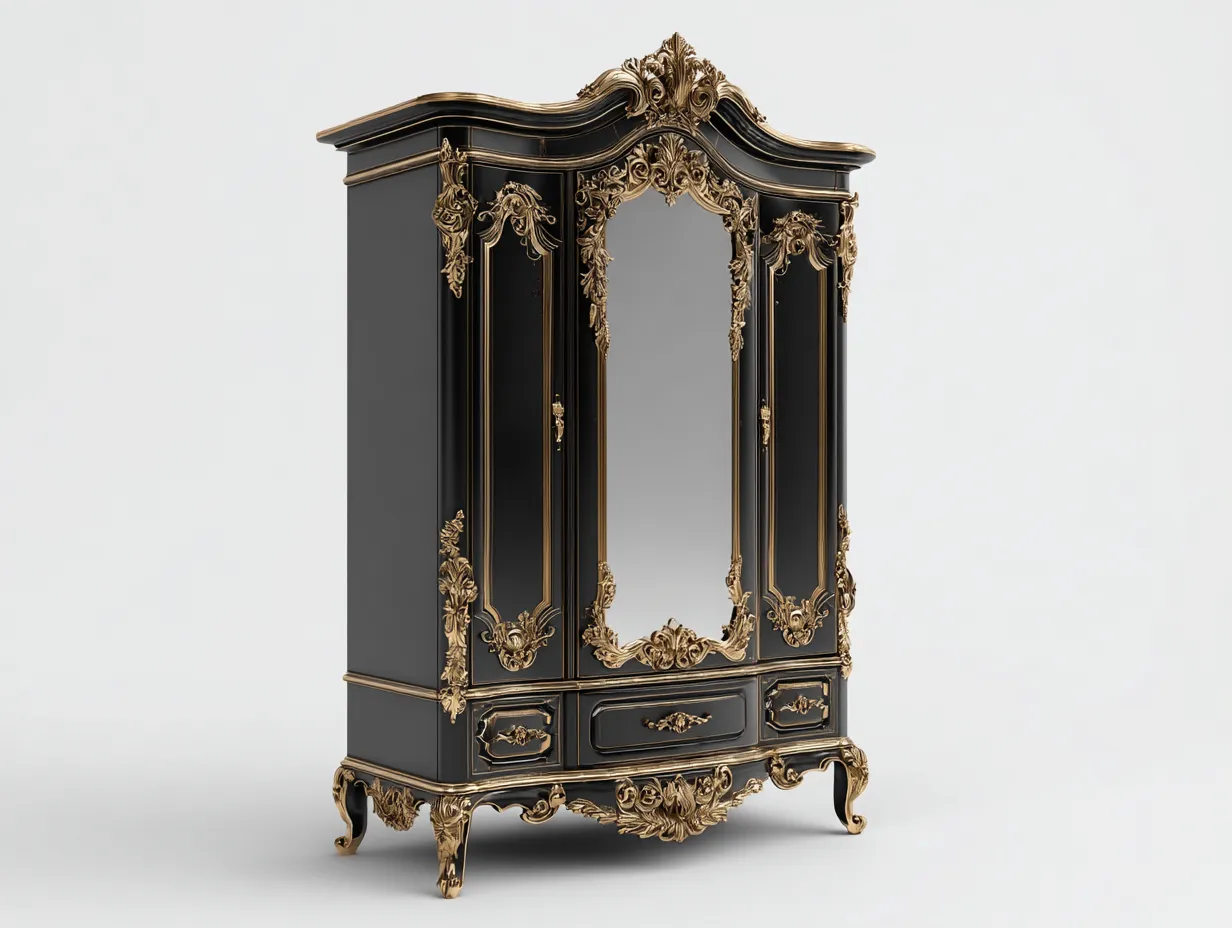 Armadio classico in legno con ante e specchio 120x60x210 cm - nero-oro - stile barocco per camera da letto-Frameare
